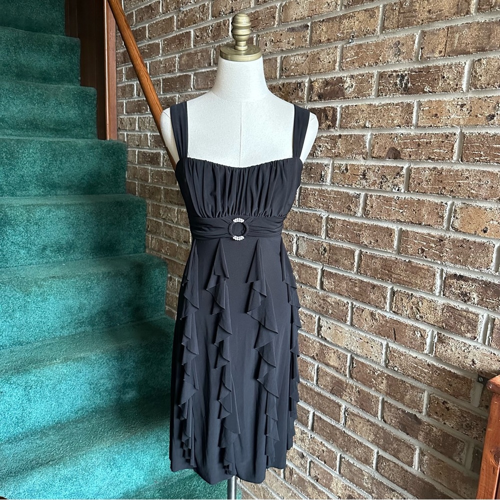 VTG Y2K 2000s Black Ruffle Ruched Bust Rhinestone Metal Hoop Dress